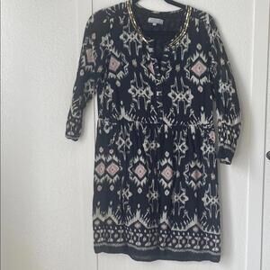 World Market S/M Black Ikat Print Sequin Mini Dress Long Sleeve Boho Geometric